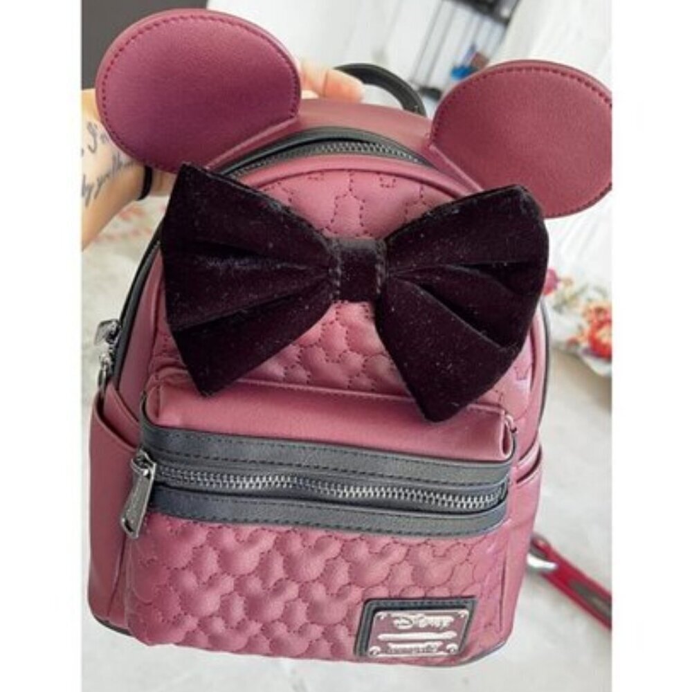 🆕Loungefly Womens Maroon Minnie Mouse Quilted Double Strap Shoulder Bag Purse